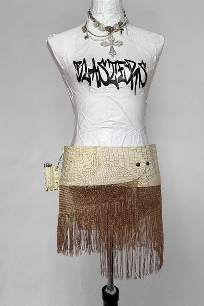 Load image into Gallery viewer, BELTED MINI — IVORY CROC / GOLD FRINGE
