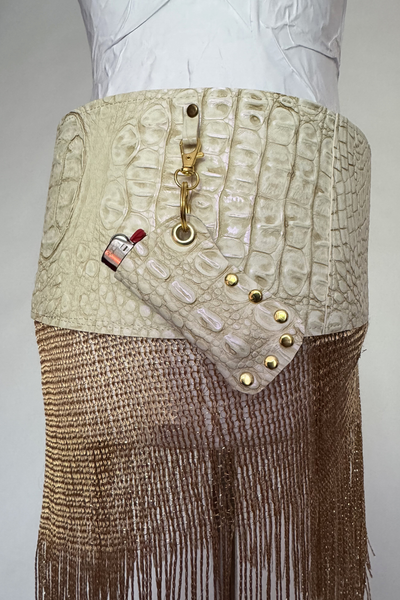 Load image into Gallery viewer, BELTED MINI — IVORY CROC / GOLD FRINGE
