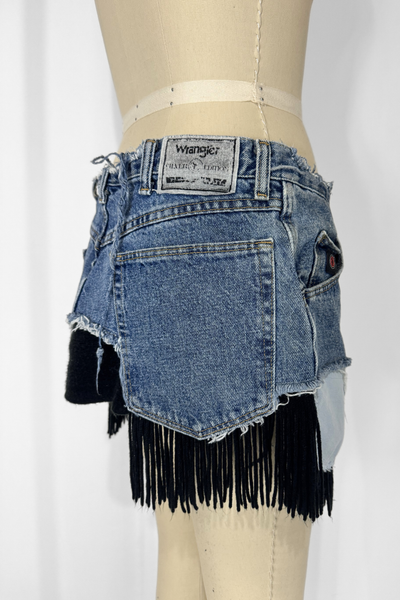 Load image into Gallery viewer, DENIM KNIT MINI- BLACK FRINGE (Size 28)
