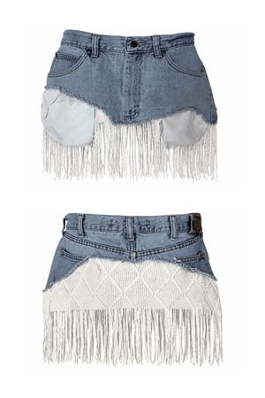 DENIM KNIT MINI- WHITE FRINGE (Size 32)