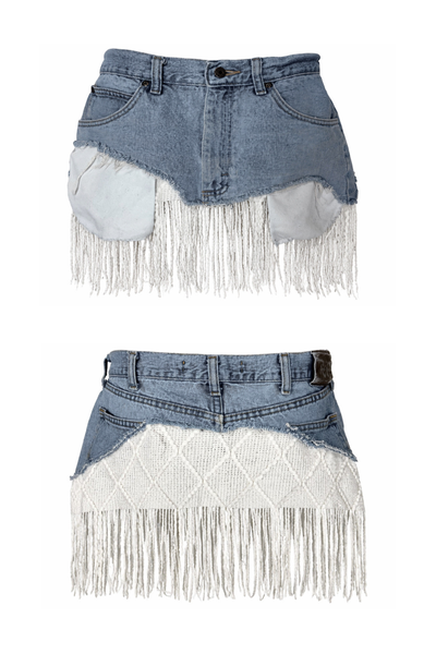 Load image into Gallery viewer, DENIM KNIT MINI- WHITE FRINGE (Size 32)
