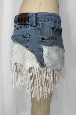 DENIM KNIT MINI- WHITE FRINGE (Size 32)