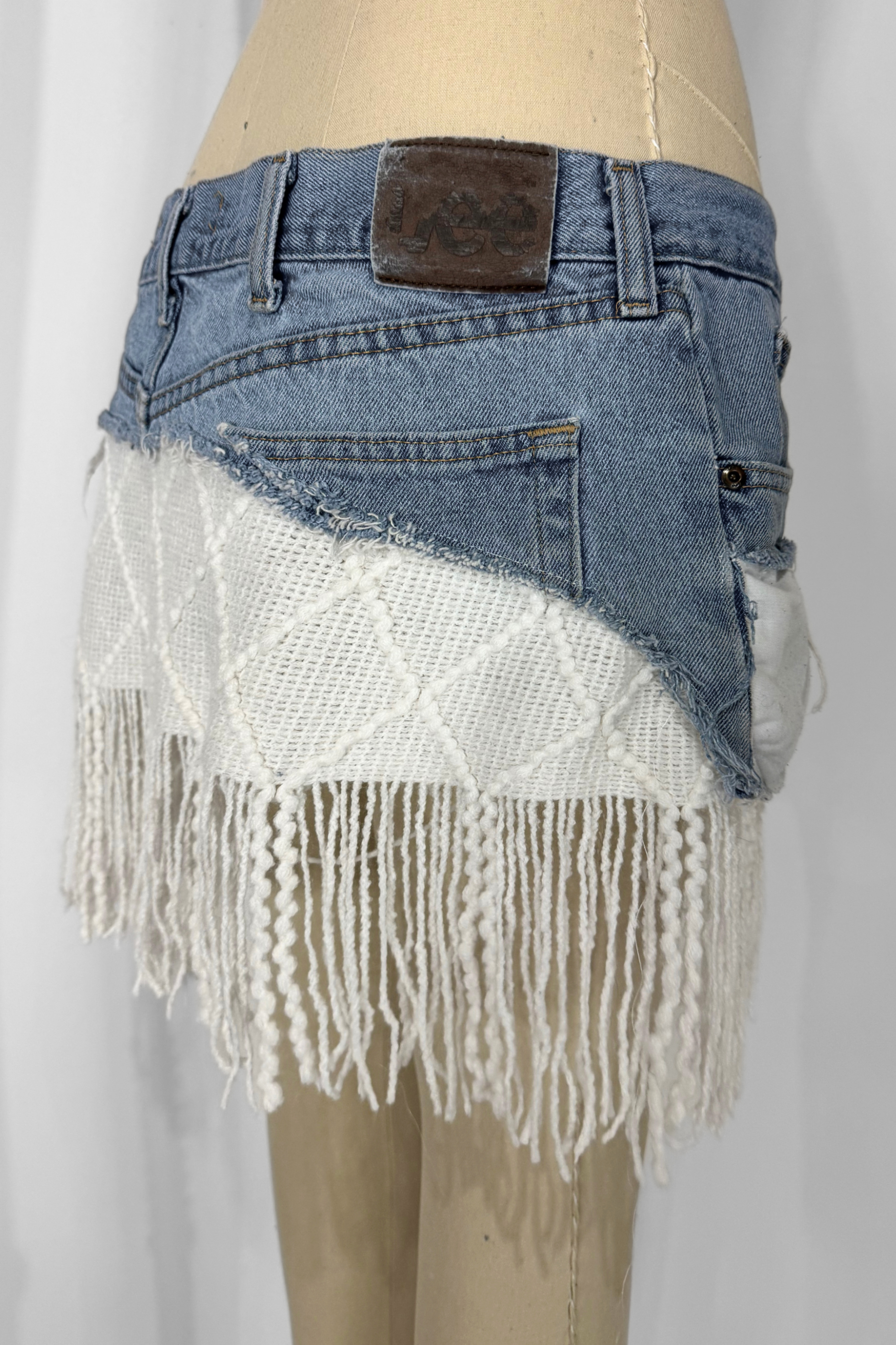 DENIM KNIT MINI- WHITE FRINGE (Size 32)
