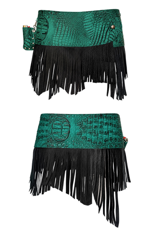 BELTED SKIRT — TEAL CROC / LEATHER FRINGE
