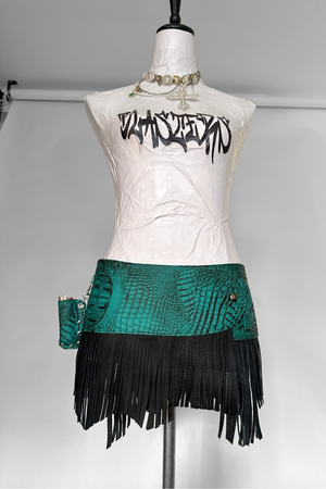 BELTED SKIRT — TEAL CROC / LEATHER FRINGE