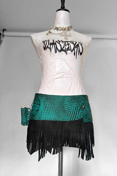 Load image into Gallery viewer, BELTED SKIRT — TEAL CROC / LEATHER FRINGE

