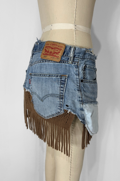Load image into Gallery viewer, DENIM KNIT MINI- BROWN FRINGE (Size 30)
