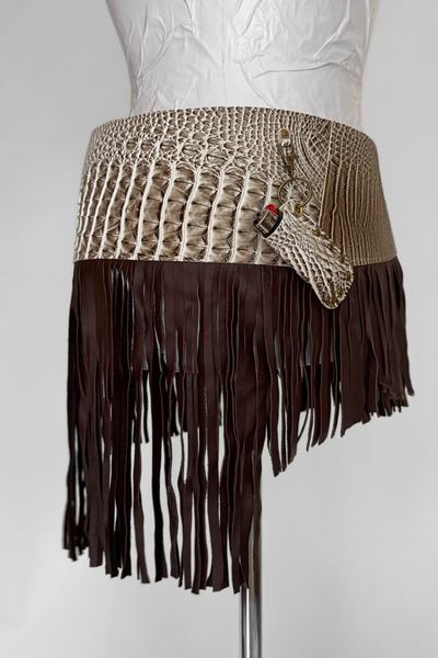 Load image into Gallery viewer, BELTED MINI — TAUPE CROC / LEATHER FRINGE
