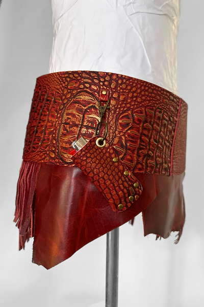 Load image into Gallery viewer, BELTED SKIRT — RED CROC / LAYERED LEATHER
