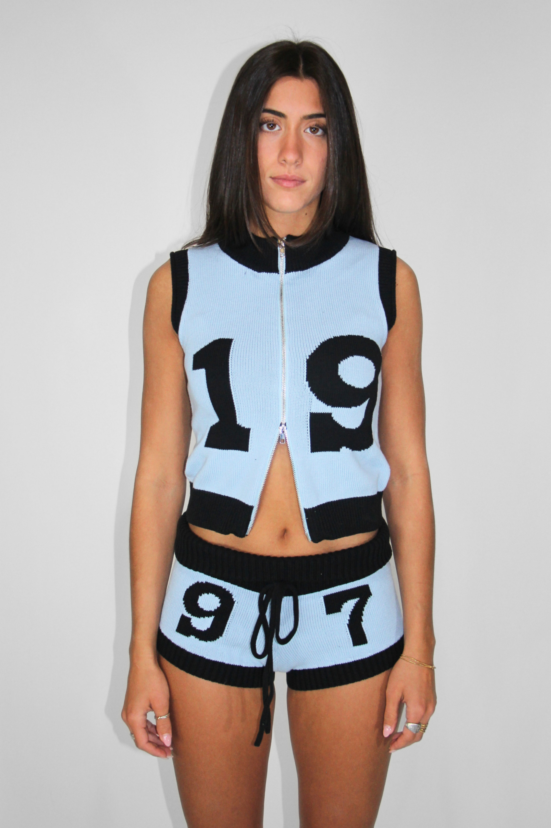 Knit Double Zip Vest in Powder Blue/ Charcoal