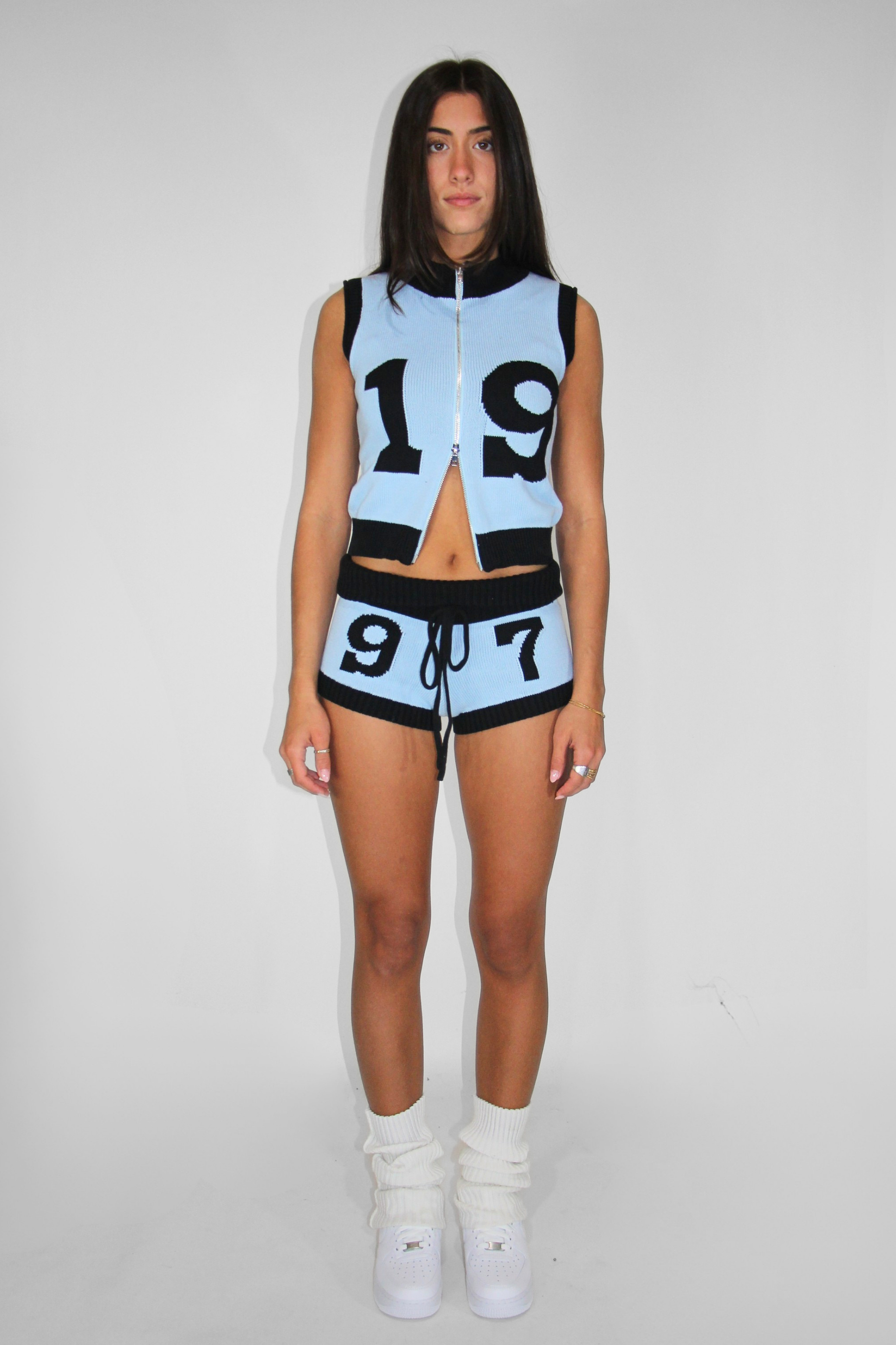 Knit Mini Shorts in Powder Blue/ Charcoal