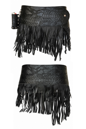 BELTED SKIRT — BLACK VIPER / LEATHER FRINGE