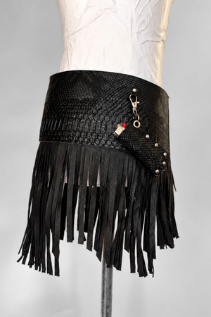 BELTED SKIRT — BLACK VIPER / LEATHER FRINGE