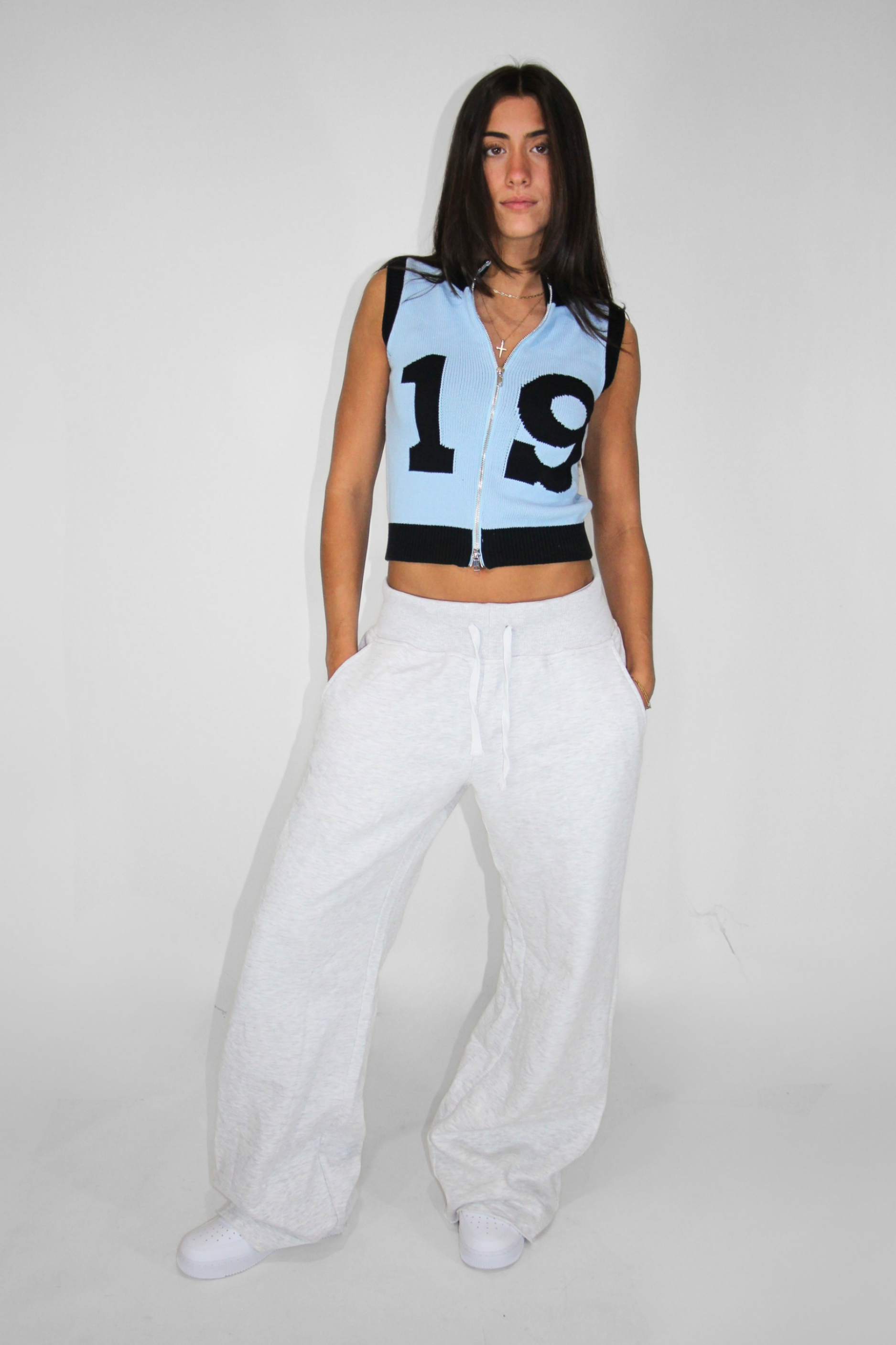 Knit Double Zip Vest in Powder Blue/ Charcoal