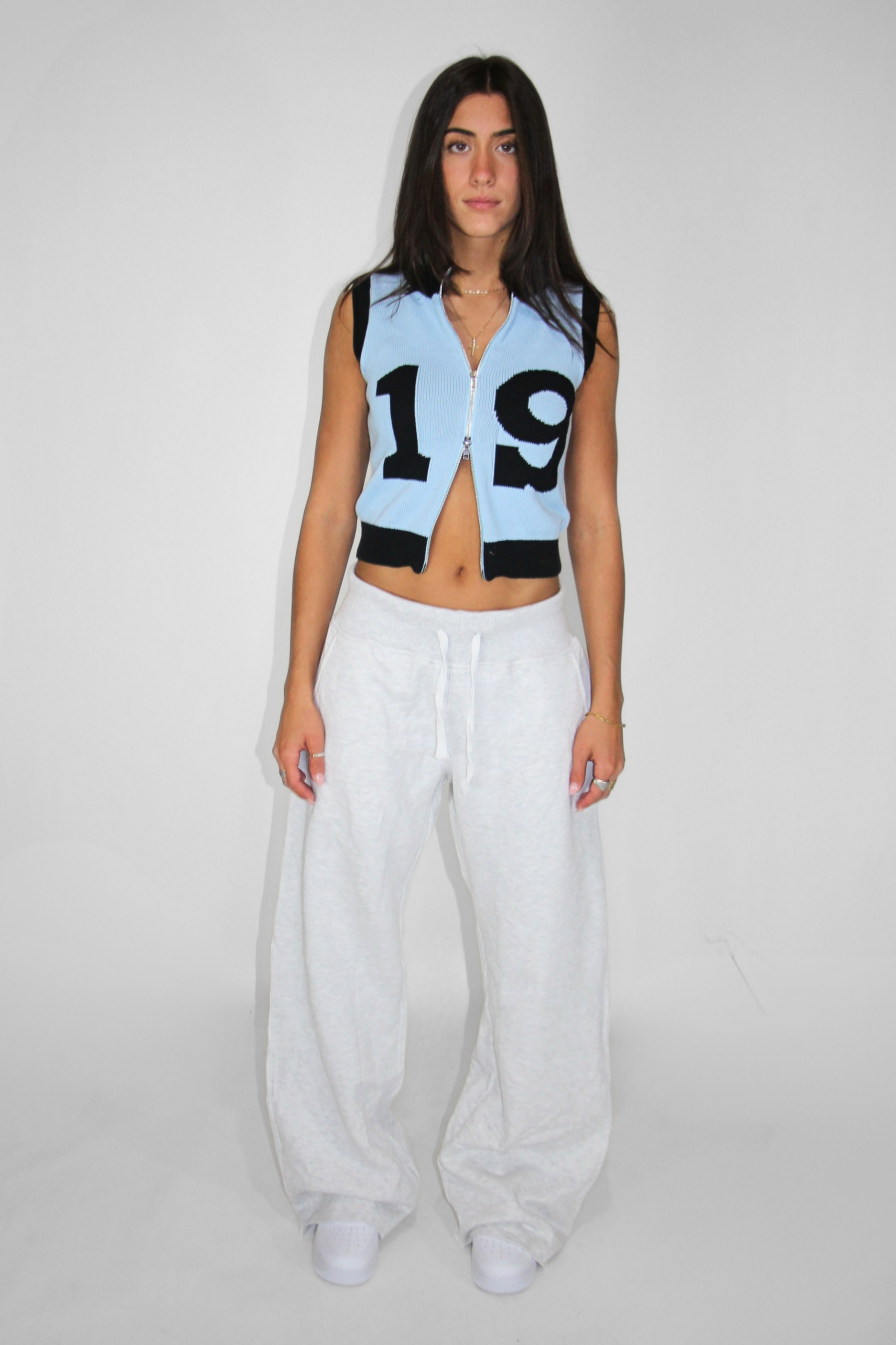 Knit Double Zip Vest in Powder Blue/ Charcoal