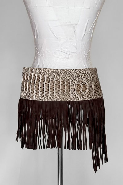 Load image into Gallery viewer, BELTED MINI — TAUPE CROC / LEATHER FRINGE
