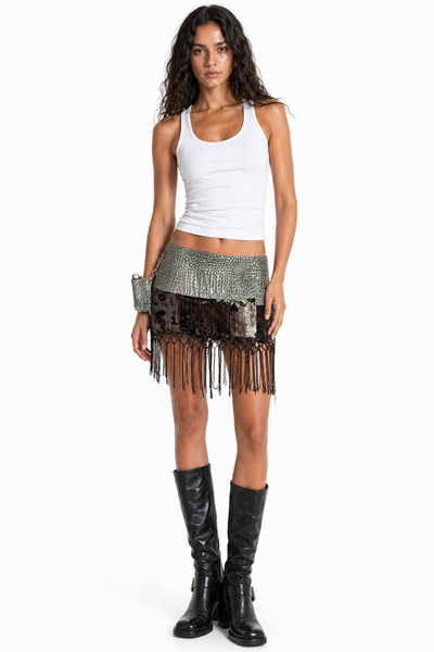 Load image into Gallery viewer, BELTED MINI — STONE CROC / VELVET FRINGE
