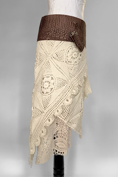 Load image into Gallery viewer, BELTED SKIRT — BRONZE CROC / ANTIQUE CROCHET
