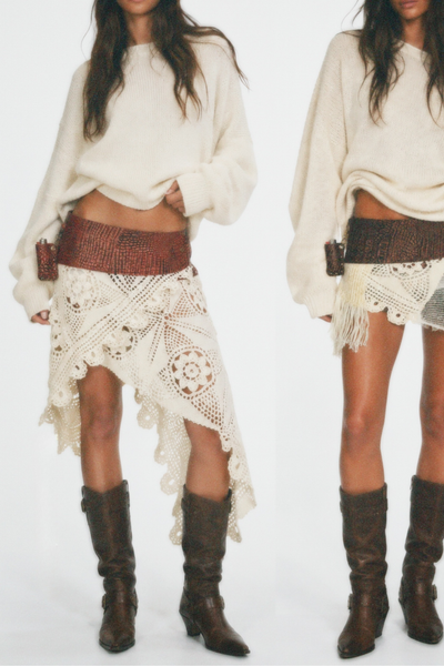 Load image into Gallery viewer, BELTED SKIRT — RED CROC / ANTIQUE CROCHET
