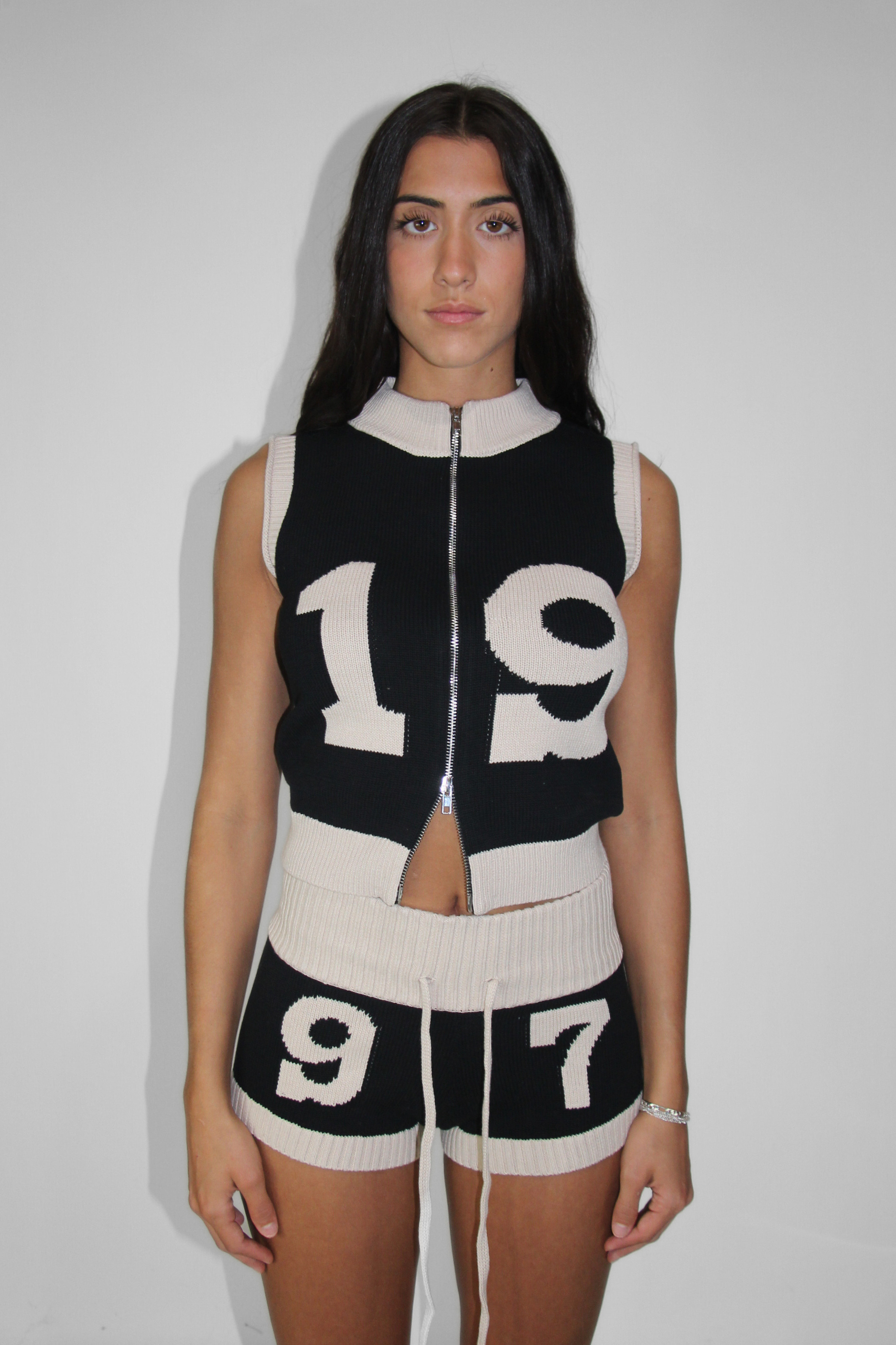 Knit Double Zip Vest in Black/Cream