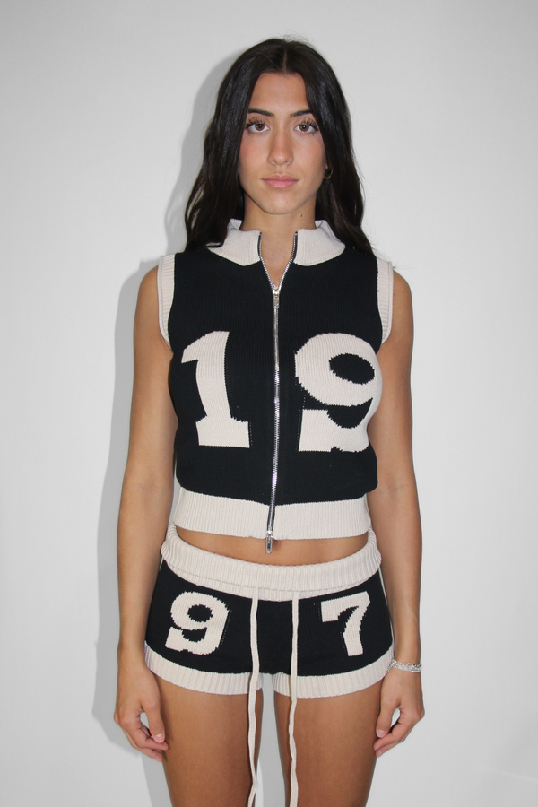 Knit Double Zip Vest in Black/Cream