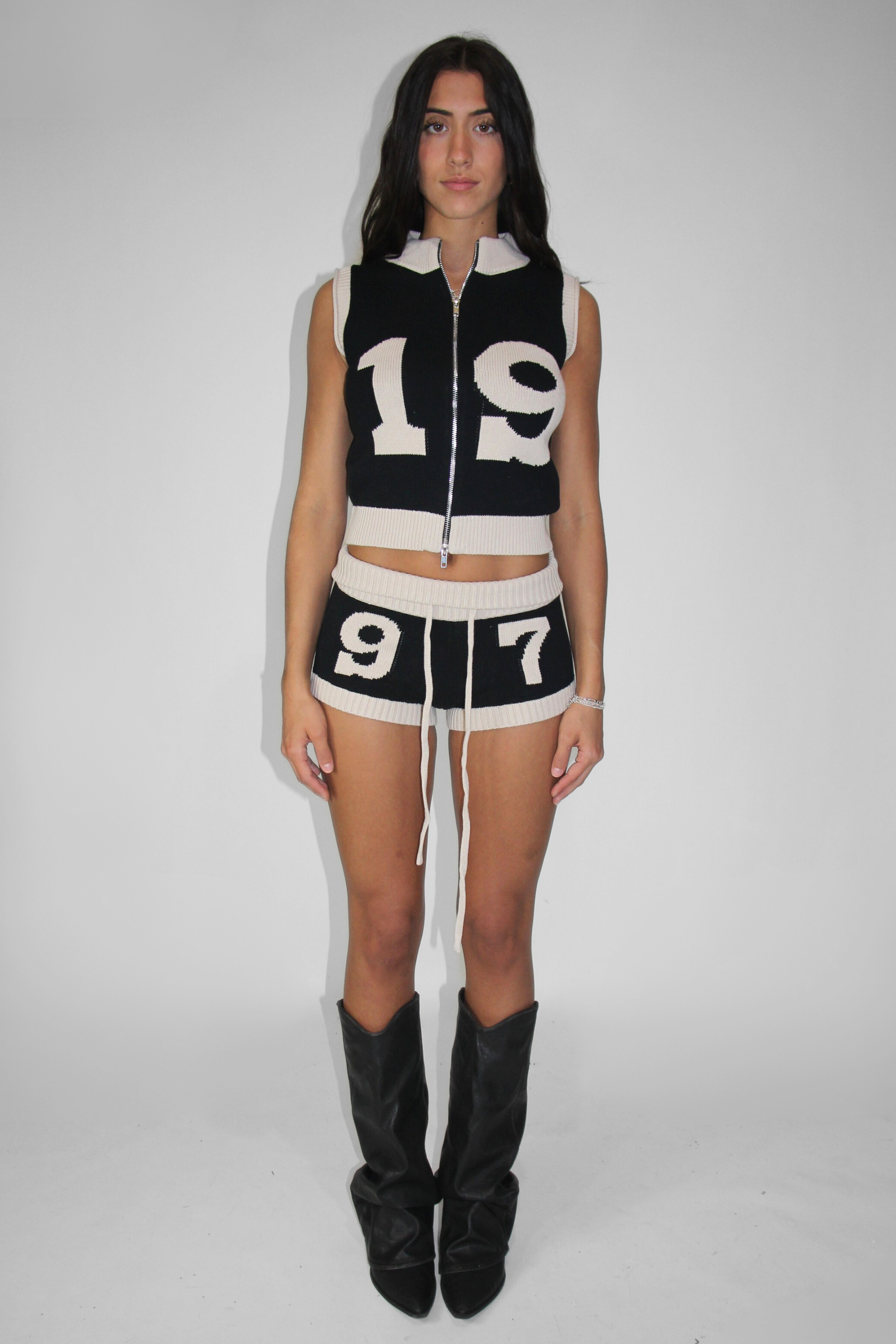 Knit Double Zip Vest in Black/Cream