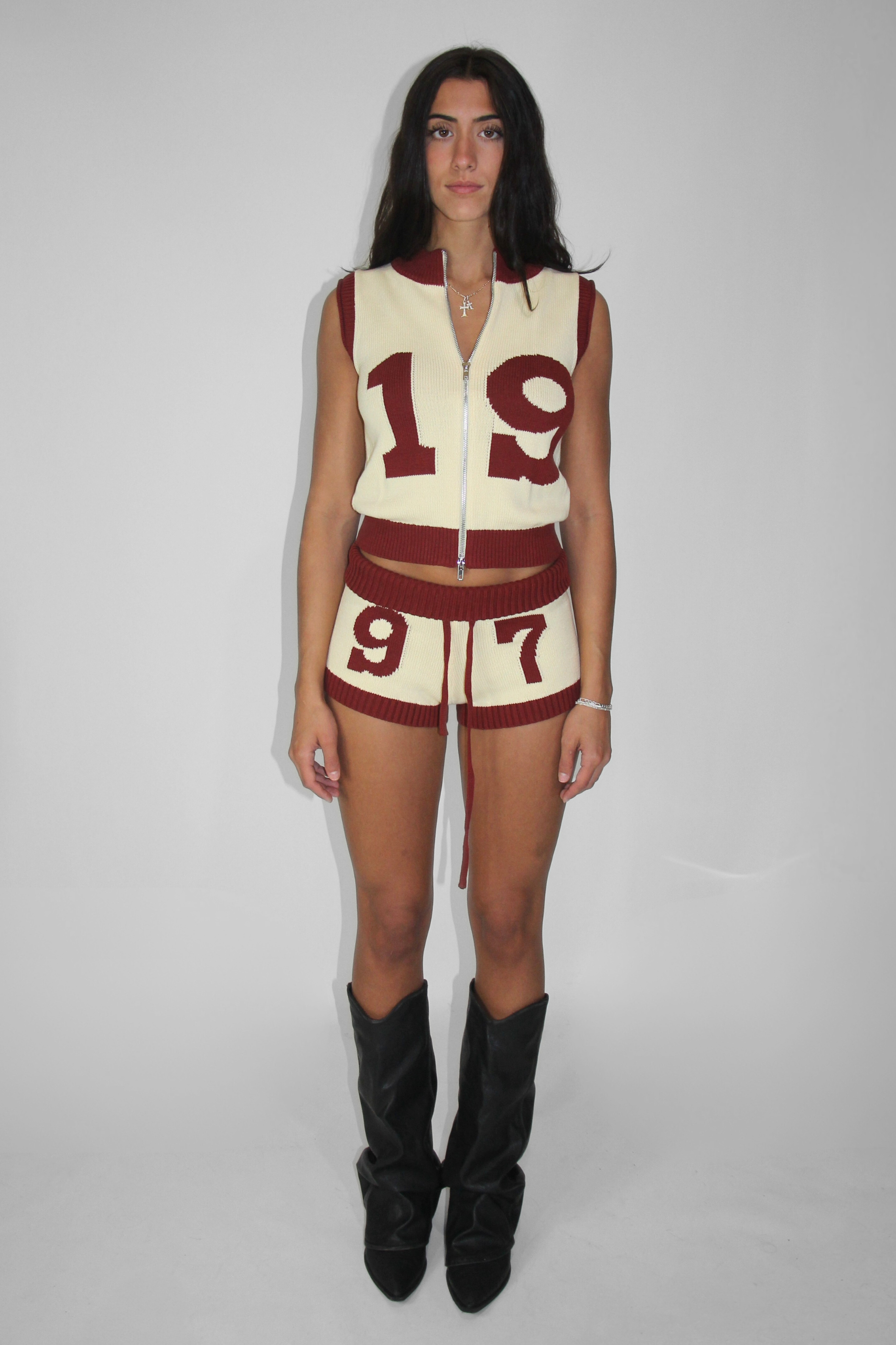 Knit Double Zip Vest in Butter Yellow/ Maroon