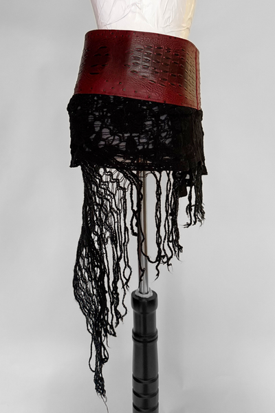 Load image into Gallery viewer, BELTED MINI — RED CROC / BLACK LACE FRINGE
