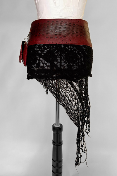 Load image into Gallery viewer, BELTED MINI — RED CROC / BLACK LACE FRINGE
