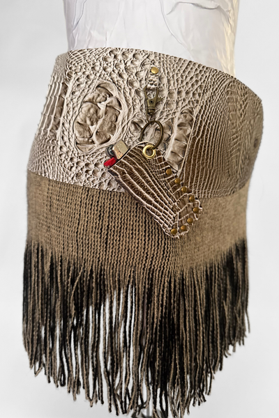Load image into Gallery viewer, BELTED MINI — TAUPE CROC / KNIT FRINGE
