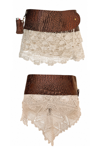 Load image into Gallery viewer, BELTED SKIRT — BRONZE CROC / ANTIQUE CROCHET
