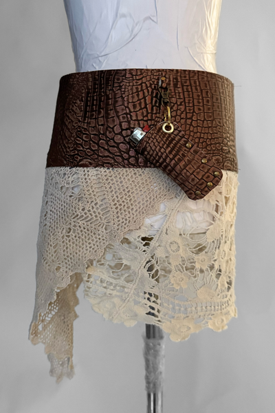 Load image into Gallery viewer, BELTED SKIRT — BRONZE CROC / ANTIQUE CROCHET
