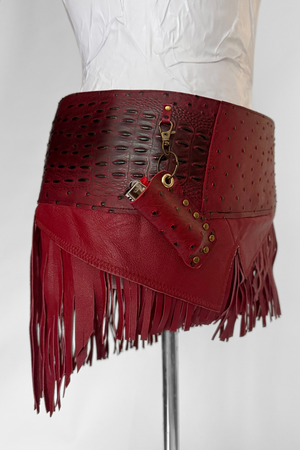 BELTED MINI — BURGUNDY CROC / LEATHER FRINGE