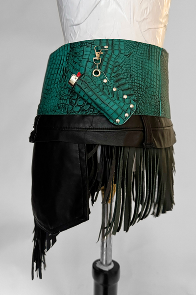 Load image into Gallery viewer, BELTED SKIRT — TEAL CROC / LEATHER FRINGE 02
