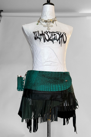 BELTED SKIRT — TEAL CROC / LEATHER FRINGE 02
