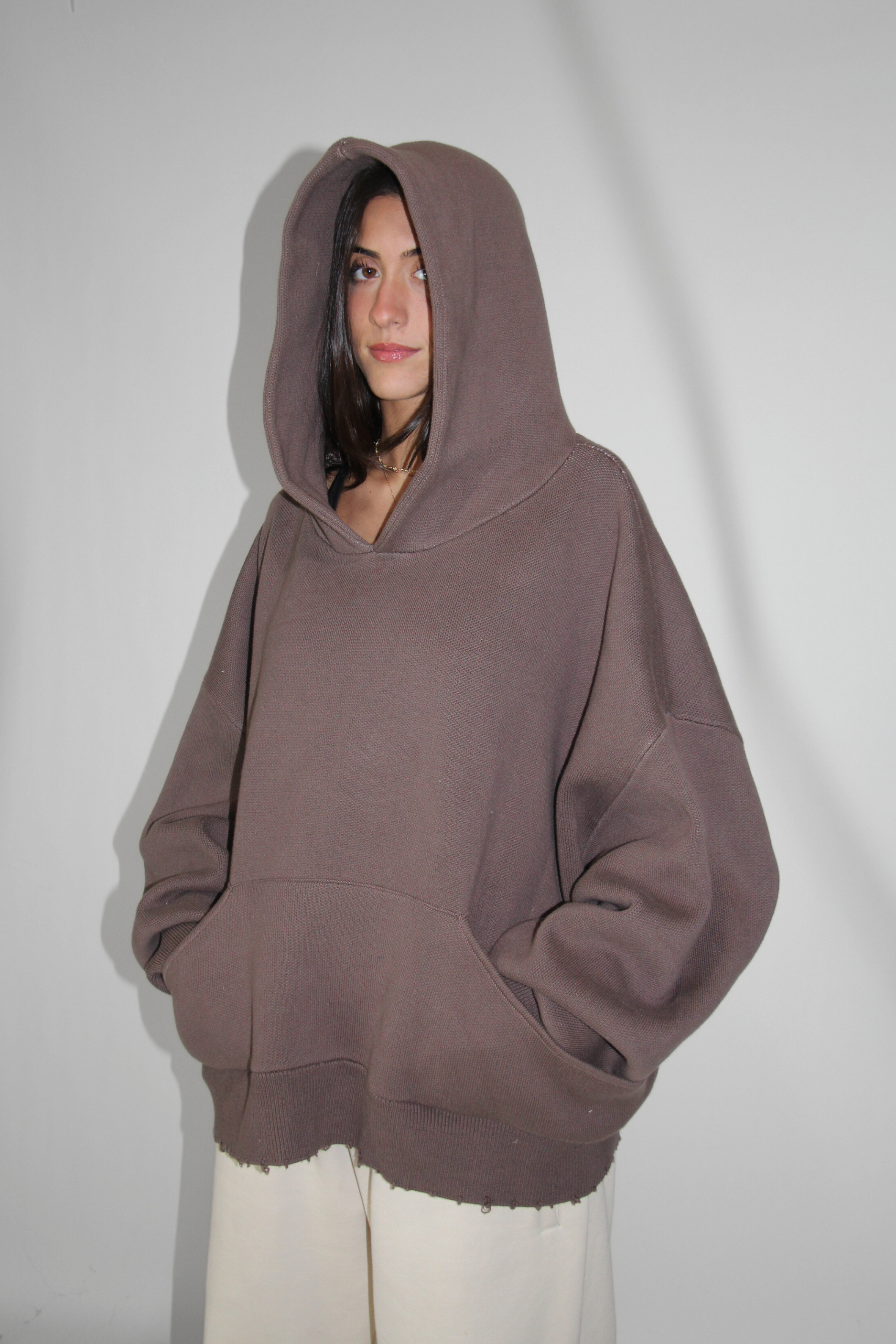 Slouchy Knit Hoodie in Truffle