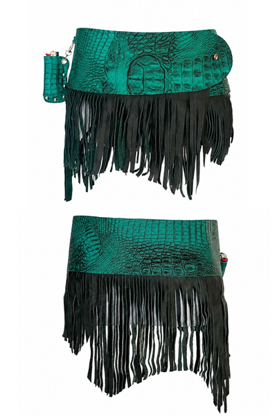 Load image into Gallery viewer, BELTED SKIRT — TEAL CROC / LEATHER FRINGE 01
