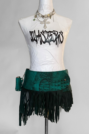 BELTED SKIRT — TEAL CROC / LEATHER FRINGE 01