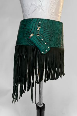 BELTED SKIRT — TEAL CROC / LEATHER FRINGE 01