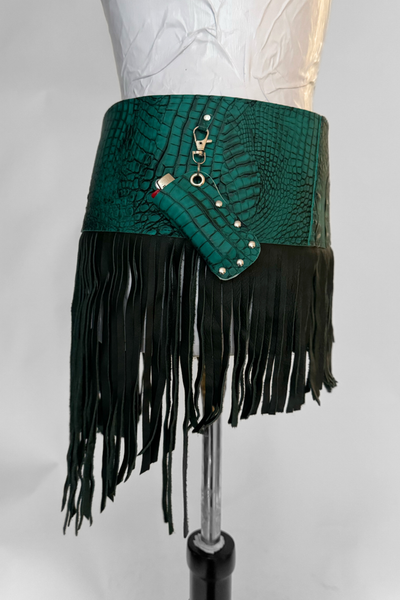 Load image into Gallery viewer, BELTED SKIRT — TEAL CROC / LEATHER FRINGE 01
