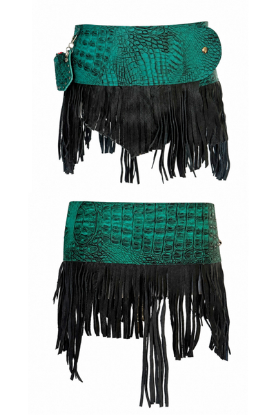Load image into Gallery viewer, BELTED SKIRT — TEAL CROC / LEATHER FRINGE 03
