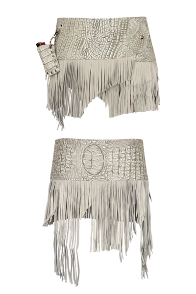 Load image into Gallery viewer, BELTED MINI — WHITE CROC / LEATHER FRINGE
