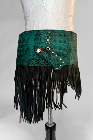BELTED SKIRT — TEAL CROC / LEATHER FRINGE 03