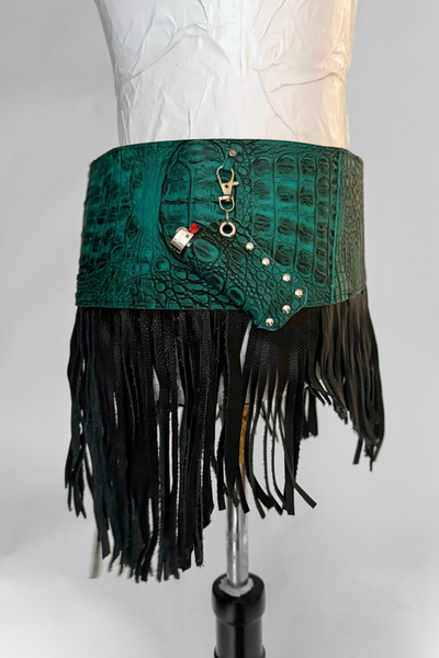 Load image into Gallery viewer, BELTED SKIRT — TEAL CROC / LEATHER FRINGE 03
