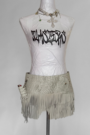 BELTED MINI — WHITE CROC / LEATHER FRINGE