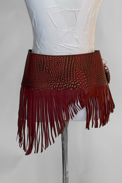 Load image into Gallery viewer, BELTED SKIRT — RED CROC / LEATHER FRINGE 01
