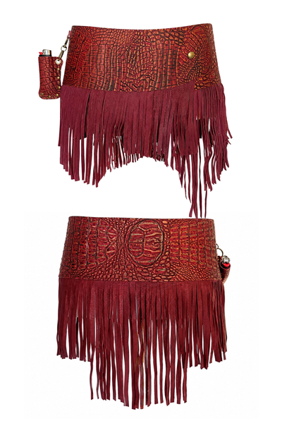 Load image into Gallery viewer, BELTED SKIRT — RED CROC / LEATHER FRINGE 02
