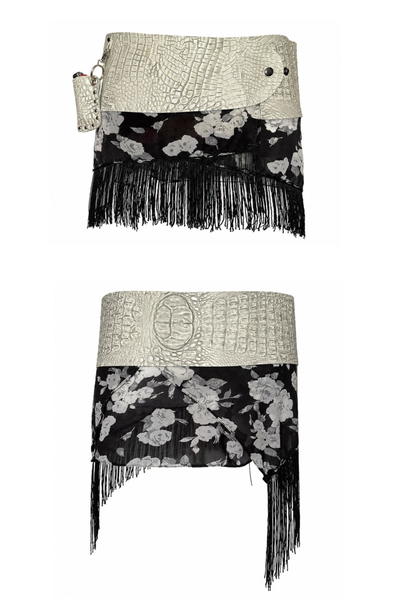 Load image into Gallery viewer, BELTED MINI — WHITE CROC / FLORAL FRINGE
