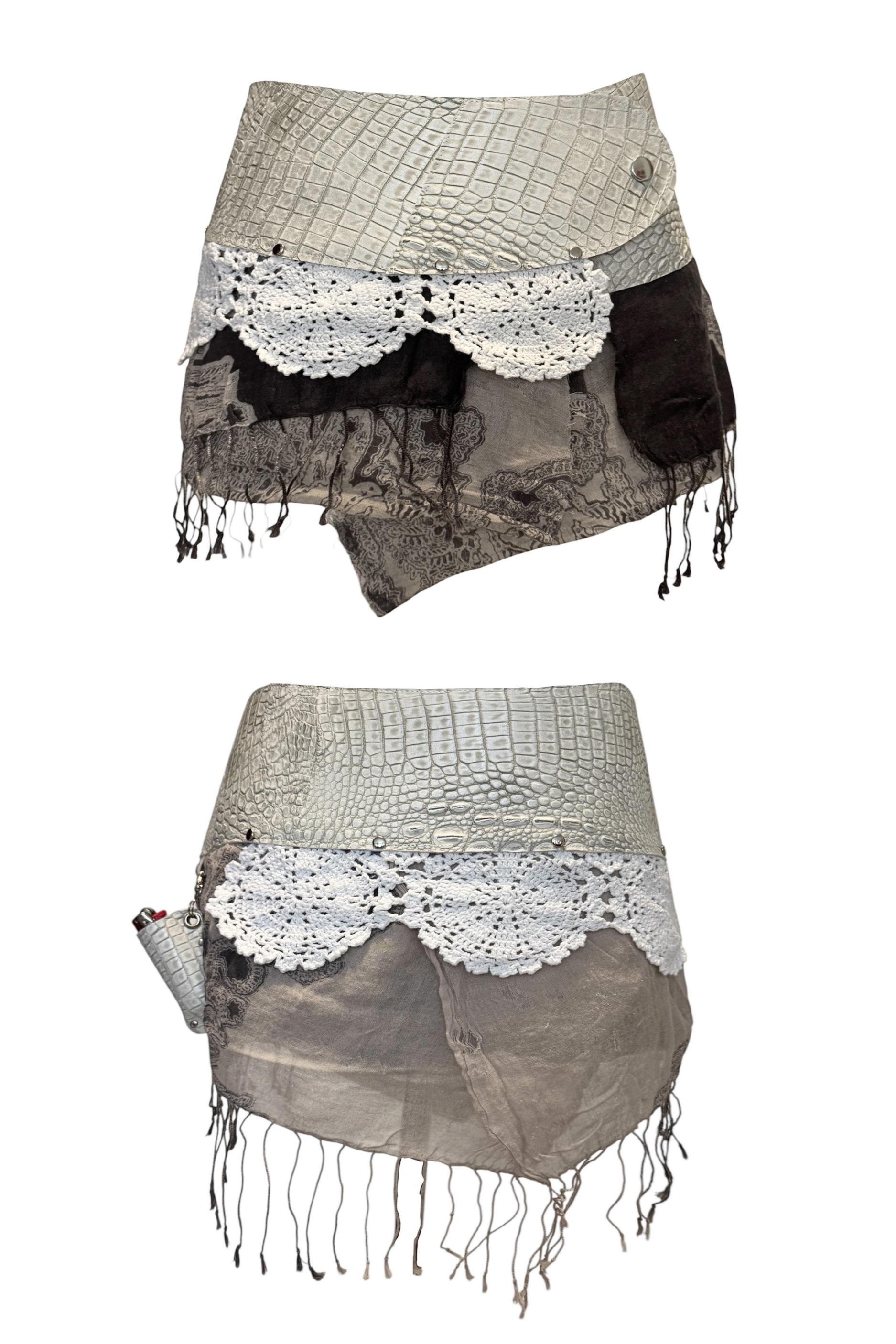 BELTED MINI — WHITE CROC / LACE FRINGE