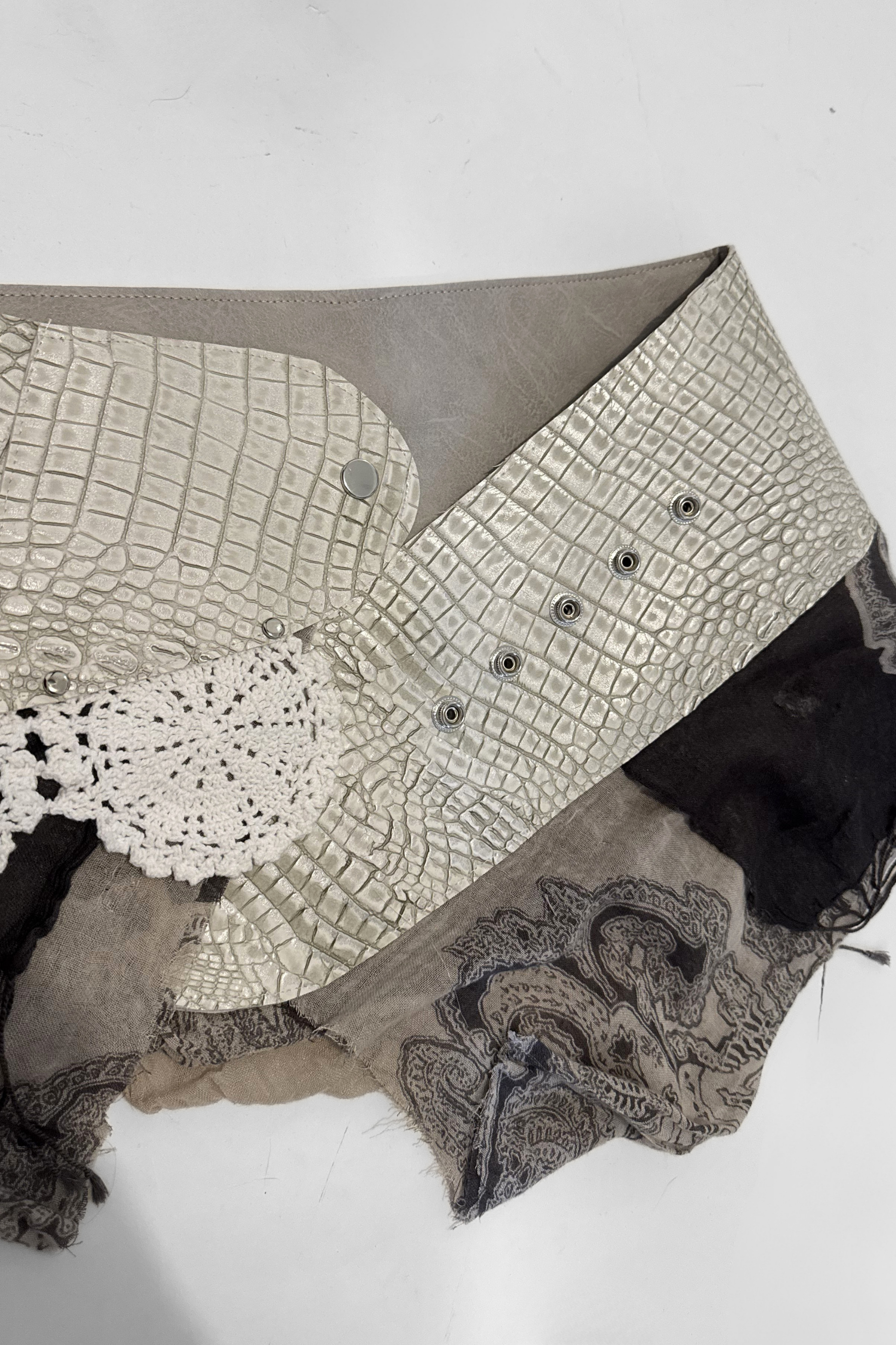 BELTED MINI — WHITE CROC / LACE FRINGE